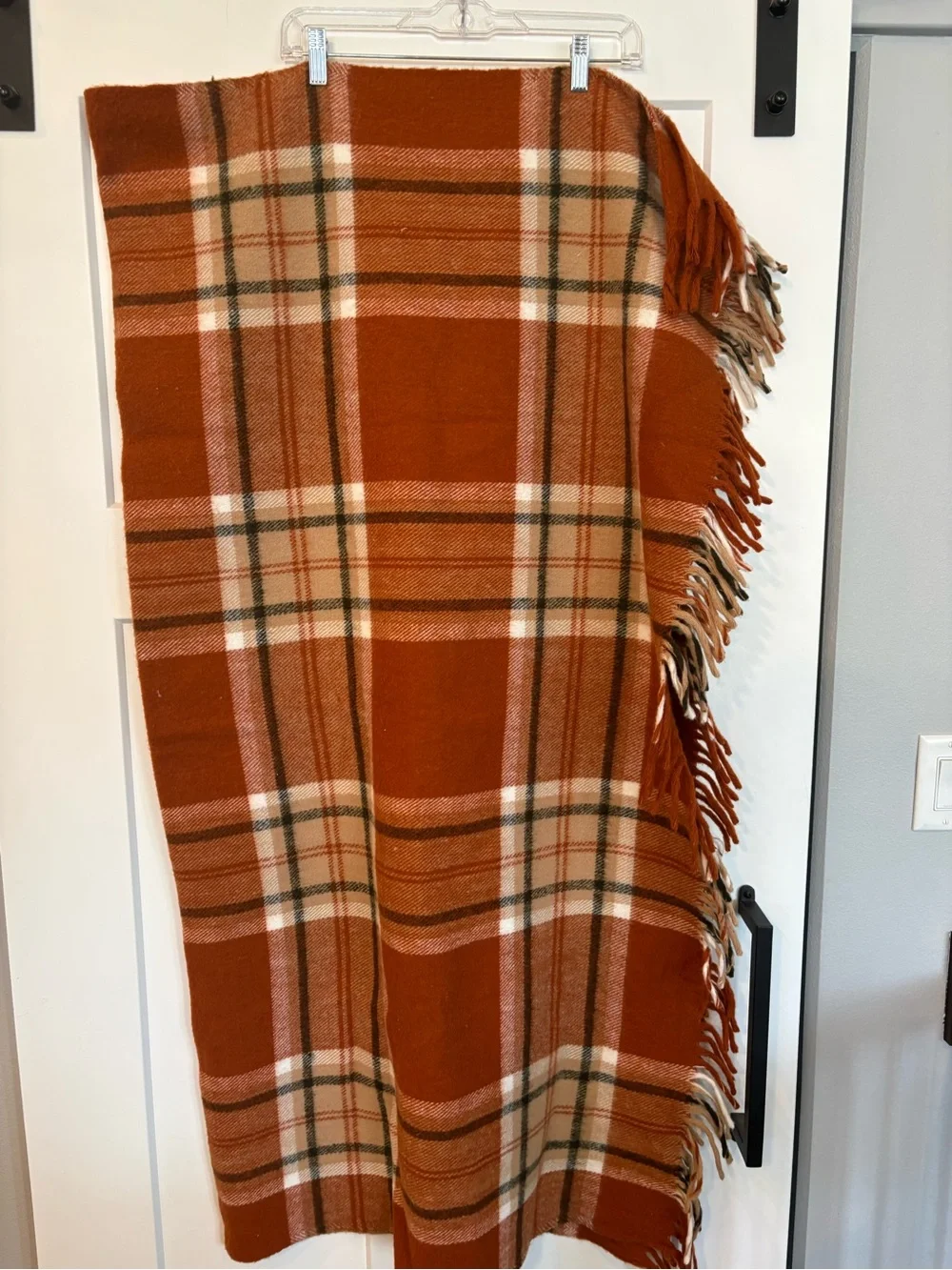 Vintage Rust Black Tan White Plaid Wool Fringe Blanket
